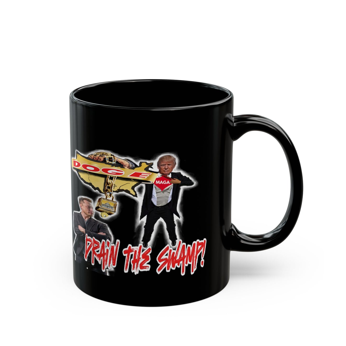 Trump, Elon, DOGE-Drain The Swamp - Black Mug (11oz, 15oz)