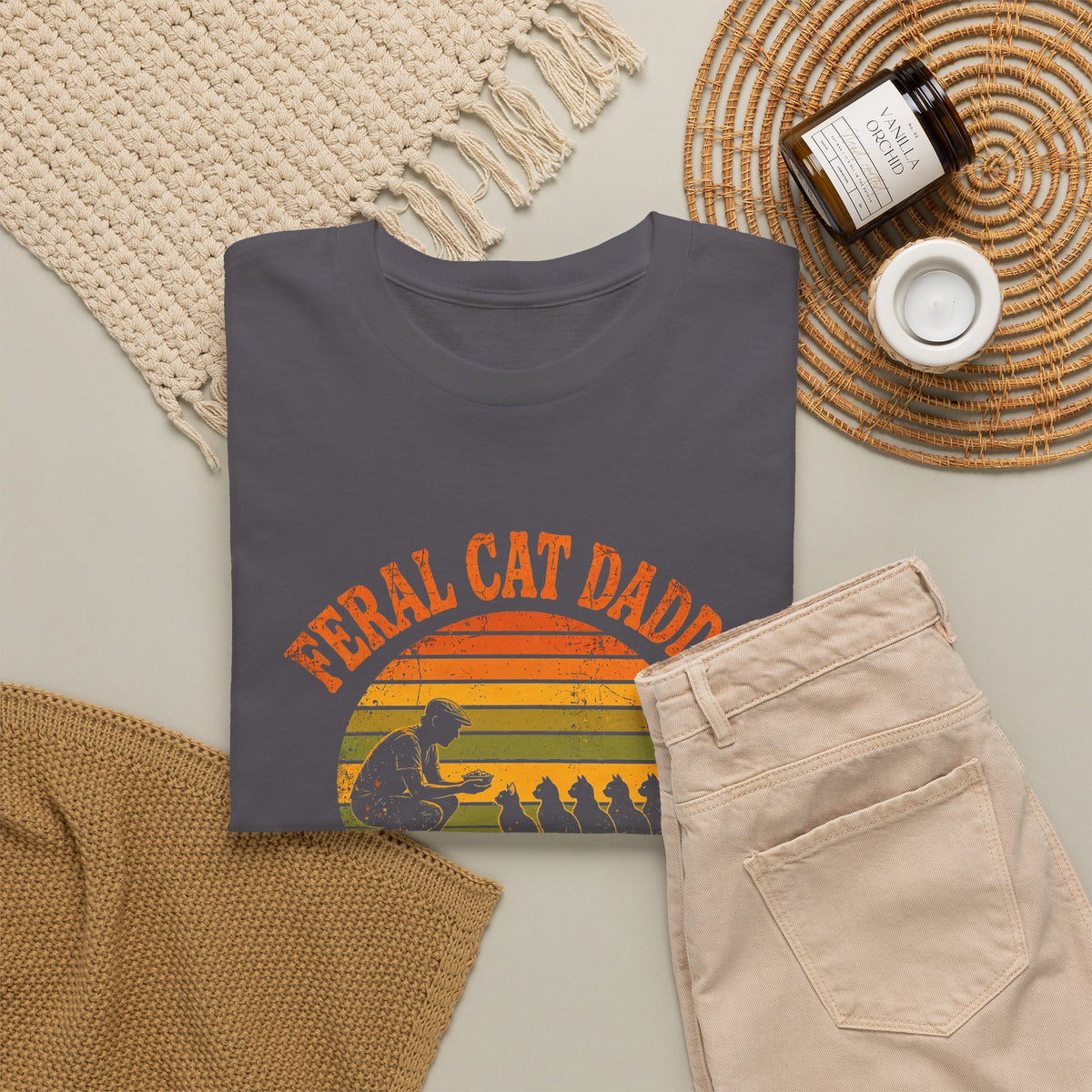 Feral Cat Daddy T-Shirt - Retro Sunset Cat Dad Tee, Est. at the 5 A.M. Feeding - Budget Edition