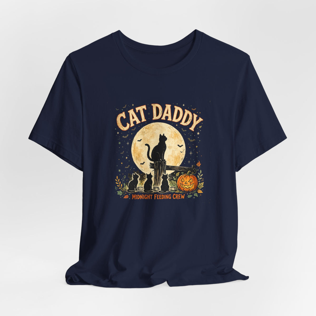 Cat Daddy Halloween T-Shirt - Midnight Feeding Crew Black Cat Full Moon Vintage Tee, Funny Feral Cat Lover Gift