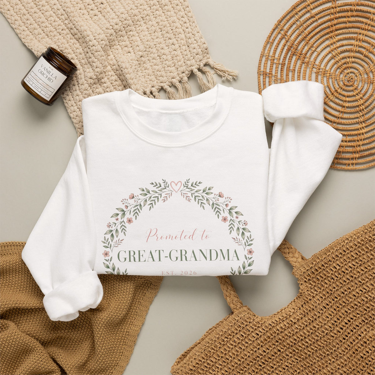 Promoted to Great-Grandma Crewneck Sweatshirt - Floral Wreath Announcement Gift, Est. 2026 - Budget Edition