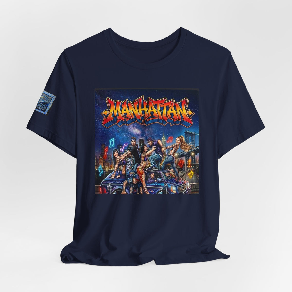 Manhattan Graffiti Car T-Shirt — NYC Street Art Front Print, Badge Sleeve