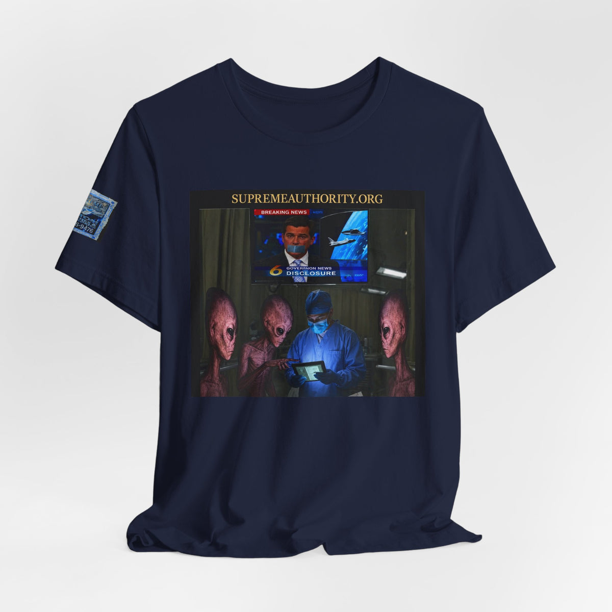 Alien Disclosure T-Shirt - UFO News Cover-Up, Funny Alien Surgery Art, Badge Sleeve