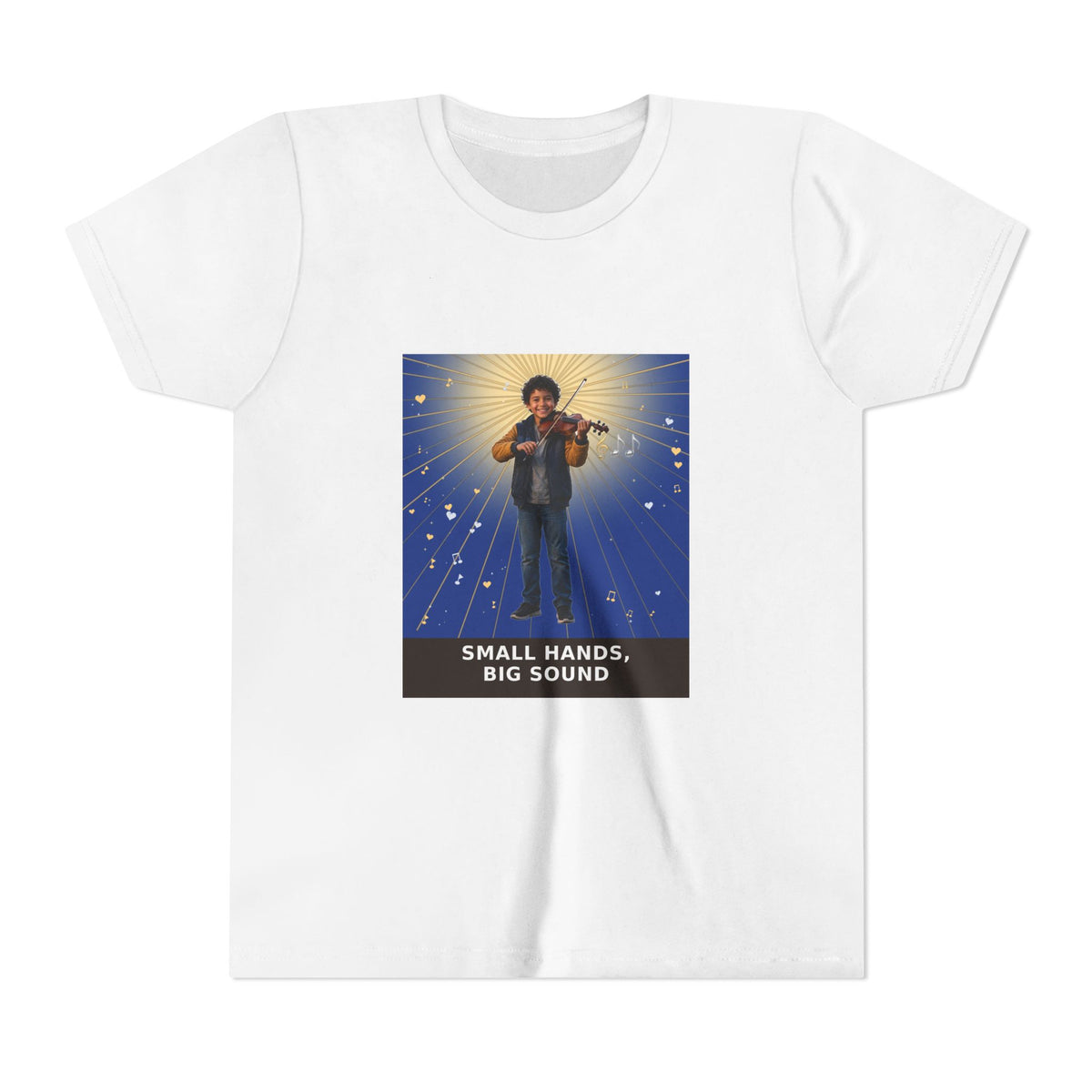Small Hands, Big Sound — Latino Boy Violin Pre-Teen Musician Tee (Deep Blue) (Front Print)