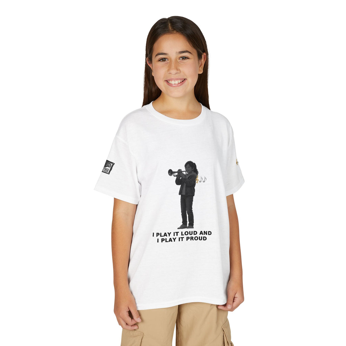 I Play It Loud and I Play It Proud — Asian Girl Trumpet Pre-Teen Musician Tee (Black Ink)