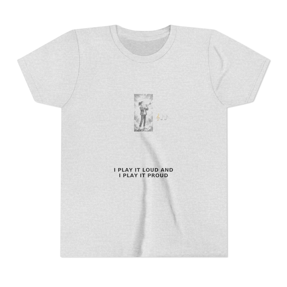 I Play It Loud and I Play It Proud — Girl Trumpet Pre-Teen Musician Tee (Black Ink) (Front Print)