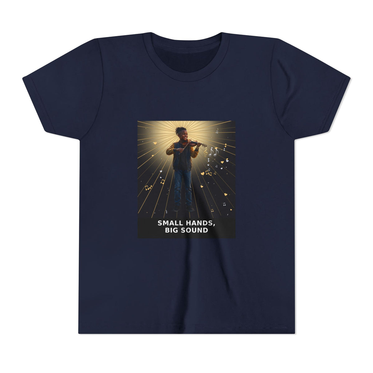 Small Hands, Big Sound — Black Boy Violin Pre-Teen Musician Tee (Front Print)