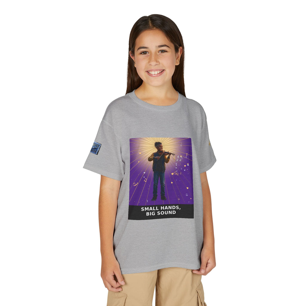 Small Hands, Big Sound — Black Boy Violin Pre-Teen Musician Tee (Royal Purple)