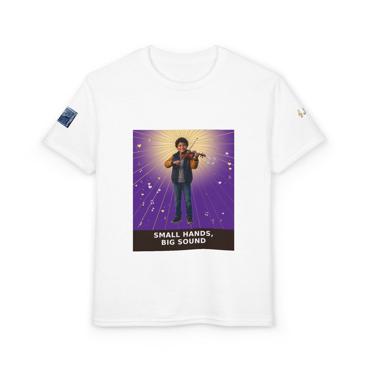 Small Hands, Big Sound — Latino Boy Violin Pre-Teen Musician Tee (Royal Purple)