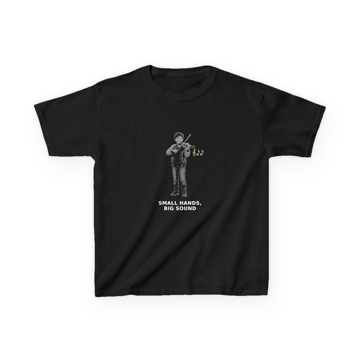 Small Hands, Big Sound — Asian Boy Violin Pre-Teen Musician Tee (White Ink) (Budget Edition) (Front Print)