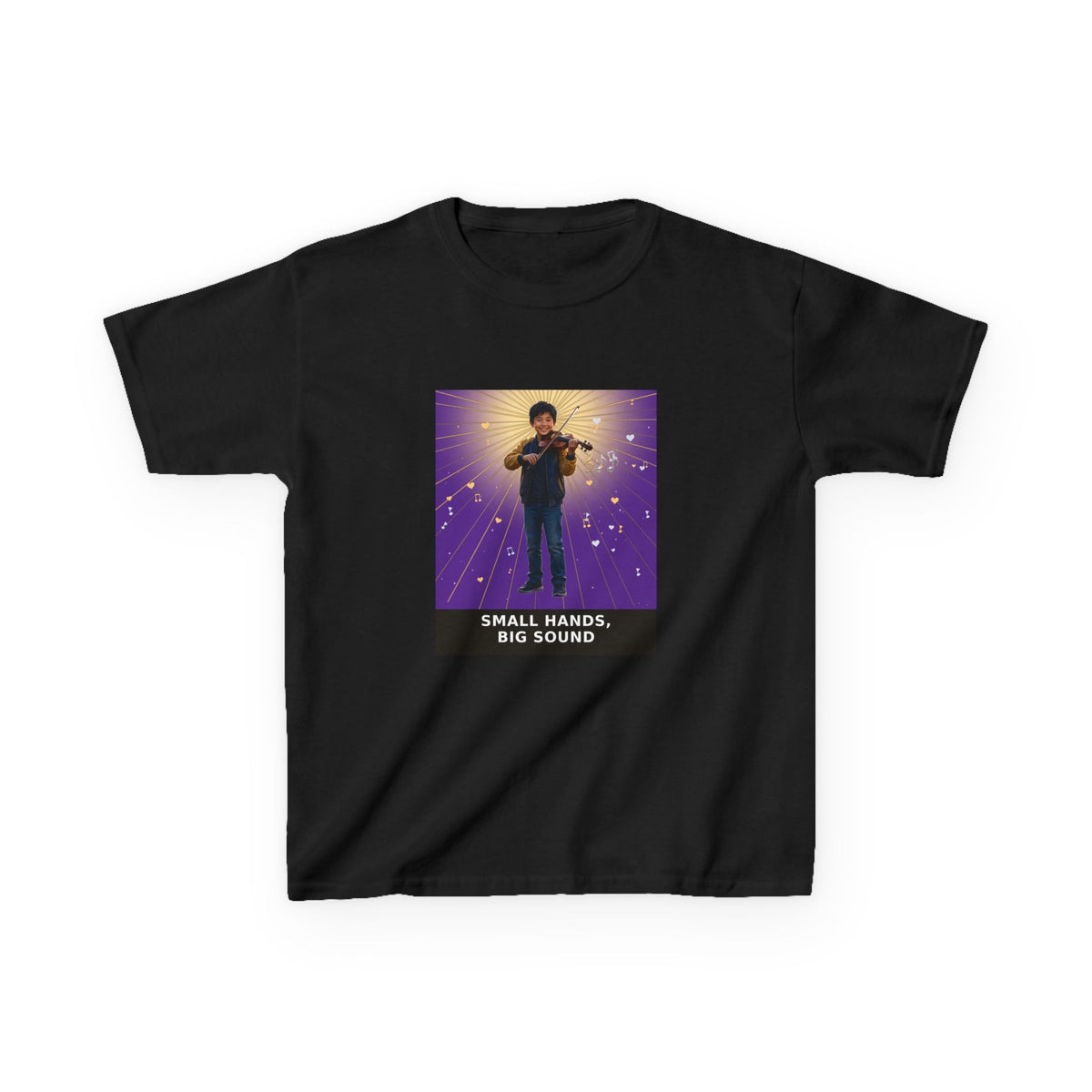 Small Hands, Big Sound — Asian Boy Violin Pre-Teen Musician Tee (Royal Purple) (Budget Edition) (Front Print)