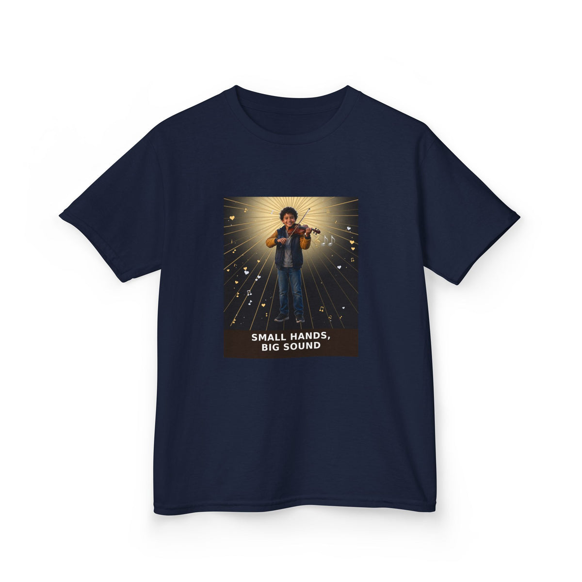 Small Hands, Big Sound — Latino Boy Violin Pre-Teen Musician Tee (Budget Edition) (Front Print)