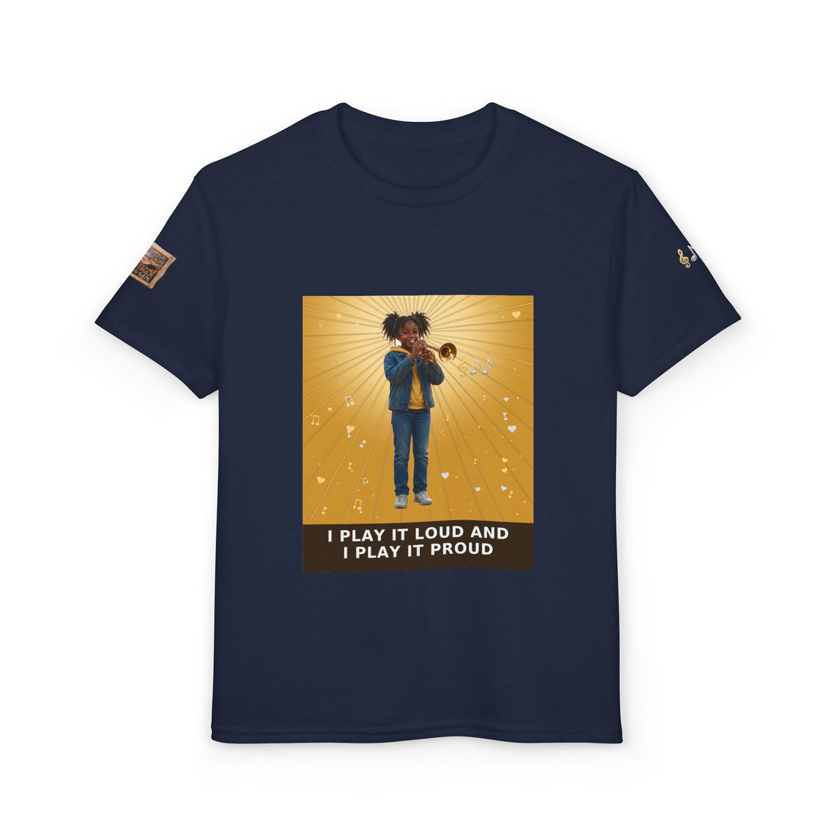 I Play It Loud and I Play It Proud — Black Girl Trumpet Pre-Teen Musician Tee (Golden Amber)