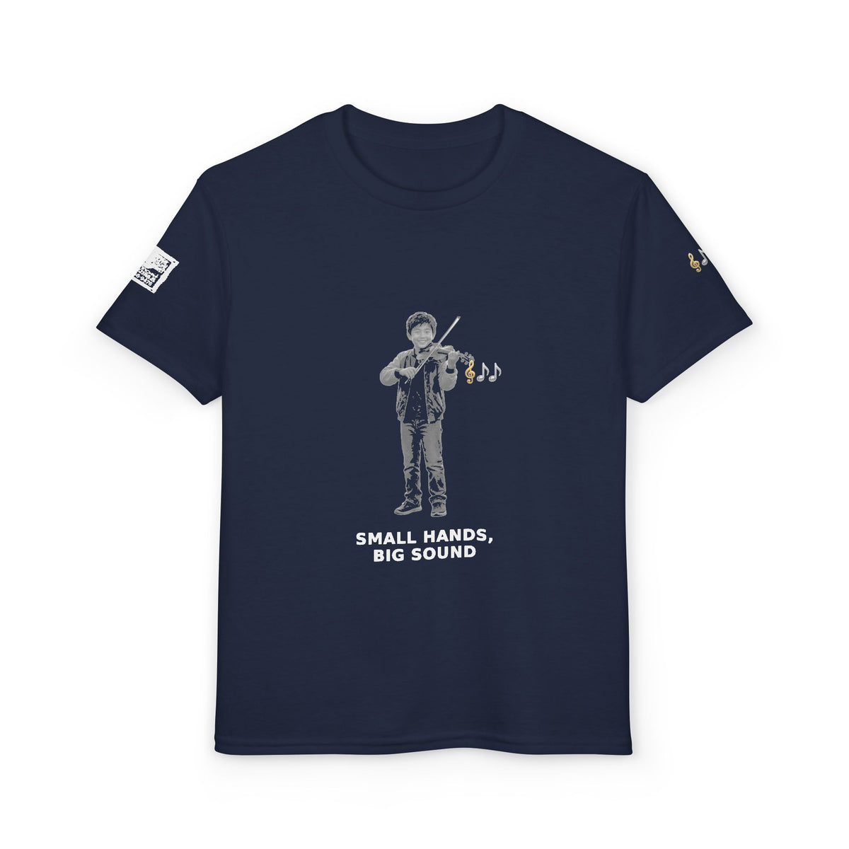 Small Hands, Big Sound — Asian Boy Violin Pre-Teen Musician Tee (White Ink)
