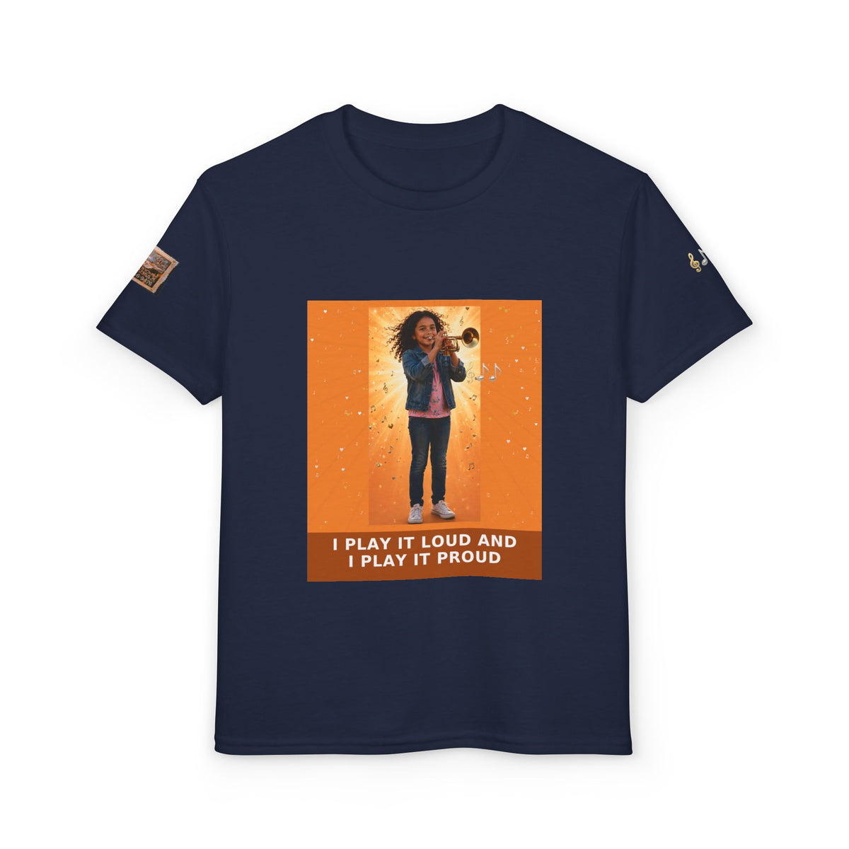 I Play It Loud and I Play It Proud — Latina Girl Trumpet Pre-Teen Musician Tee (Sunset Orange)