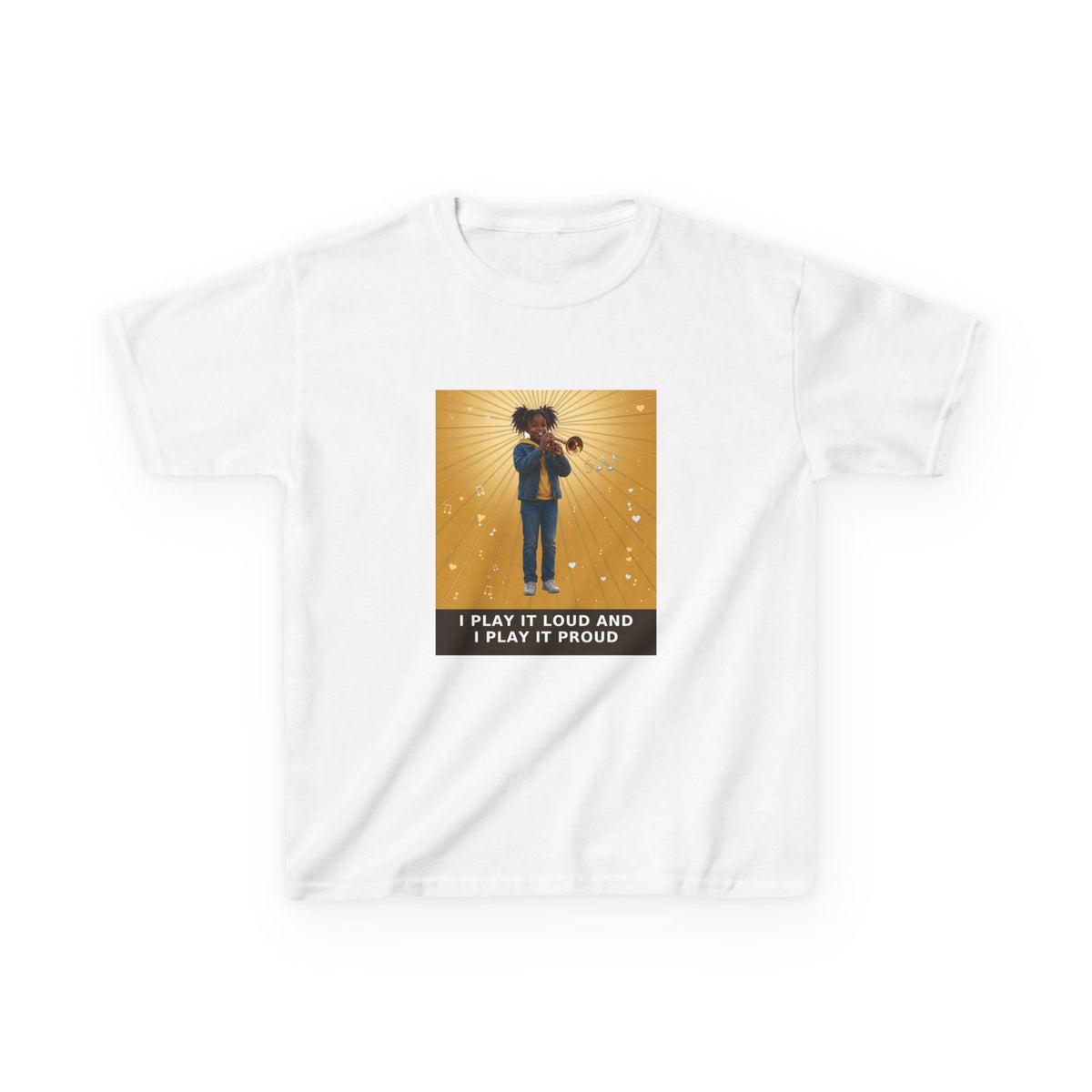 I Play It Loud and I Play It Proud — Black Girl Trumpet Pre-Teen Musician Tee (Golden Amber) (Budget Edition) (Front Print)