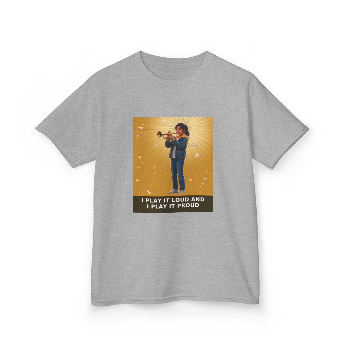 I Play It Loud and I Play It Proud — Asian Girl Trumpet Pre-Teen Musician Tee (Golden Amber) (Budget Edition) (Front Print)