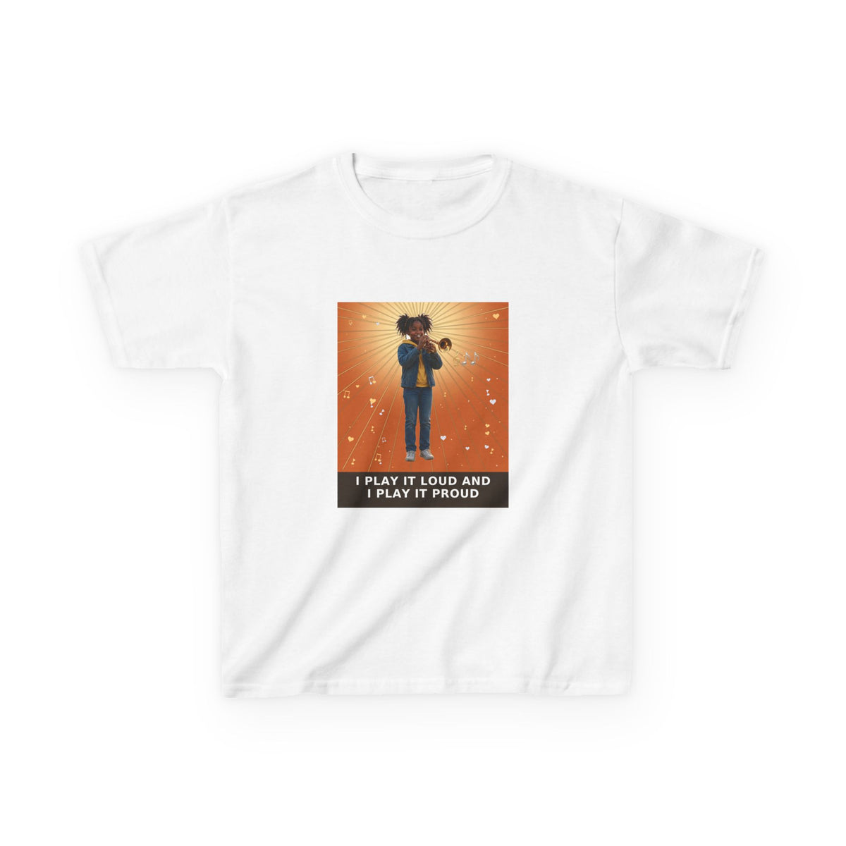 I Play It Loud and I Play It Proud — Black Girl Trumpet Pre-Teen Musician Tee (Sunset Orange) (Budget Edition) (Front Print)