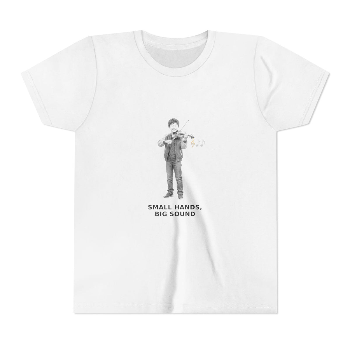 Small Hands, Big Sound — Asian Boy Violin Pre-Teen Musician Tee (Black Ink) (Front Print)