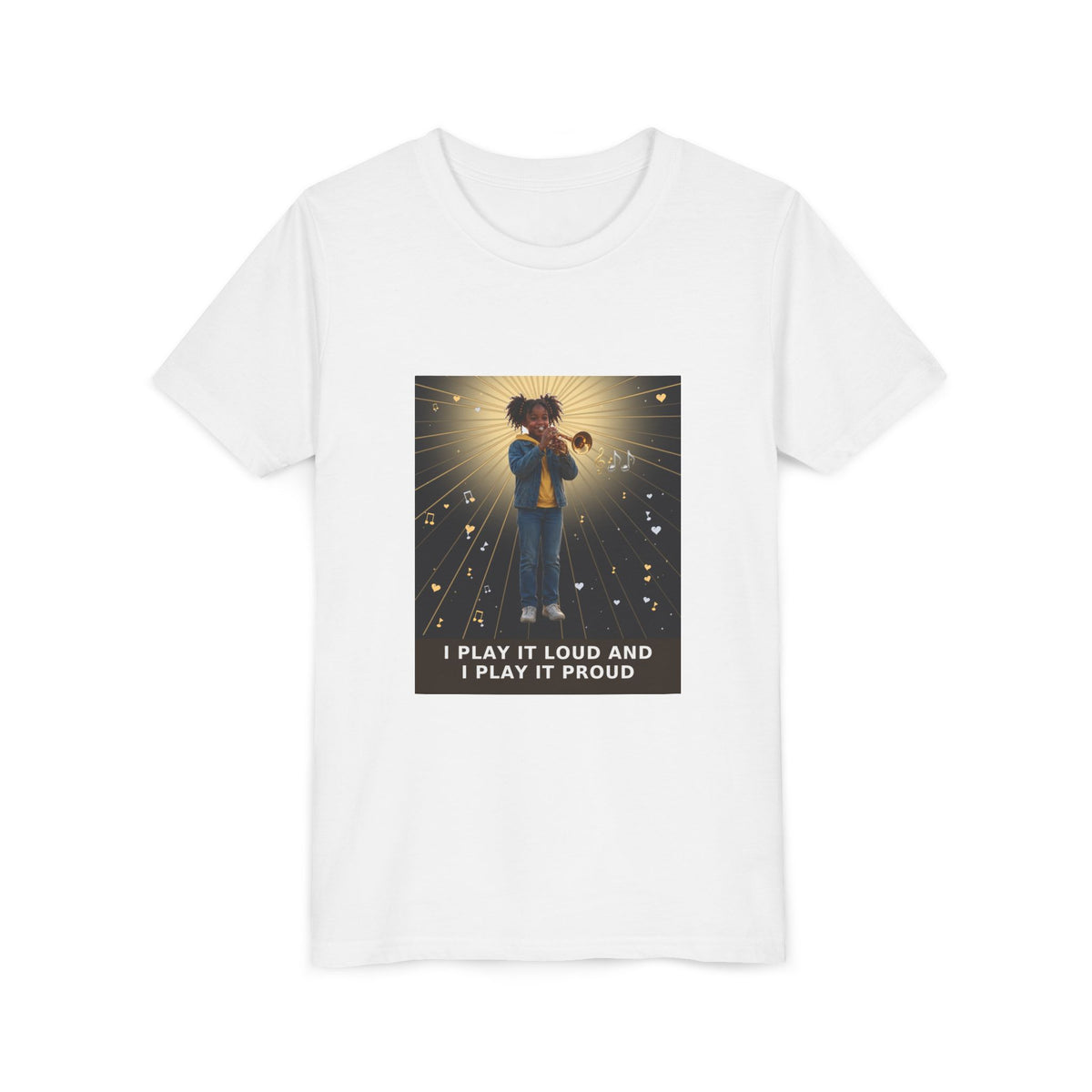 I Play It Loud and I Play It Proud — Black Girl Trumpet Pre-Teen Musician Tee (Front Print)