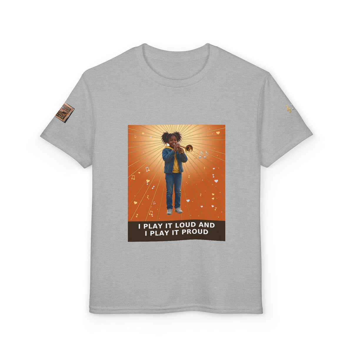 I Play It Loud and I Play It Proud — Black Girl Trumpet Pre-Teen Musician Tee (Sunset Orange)