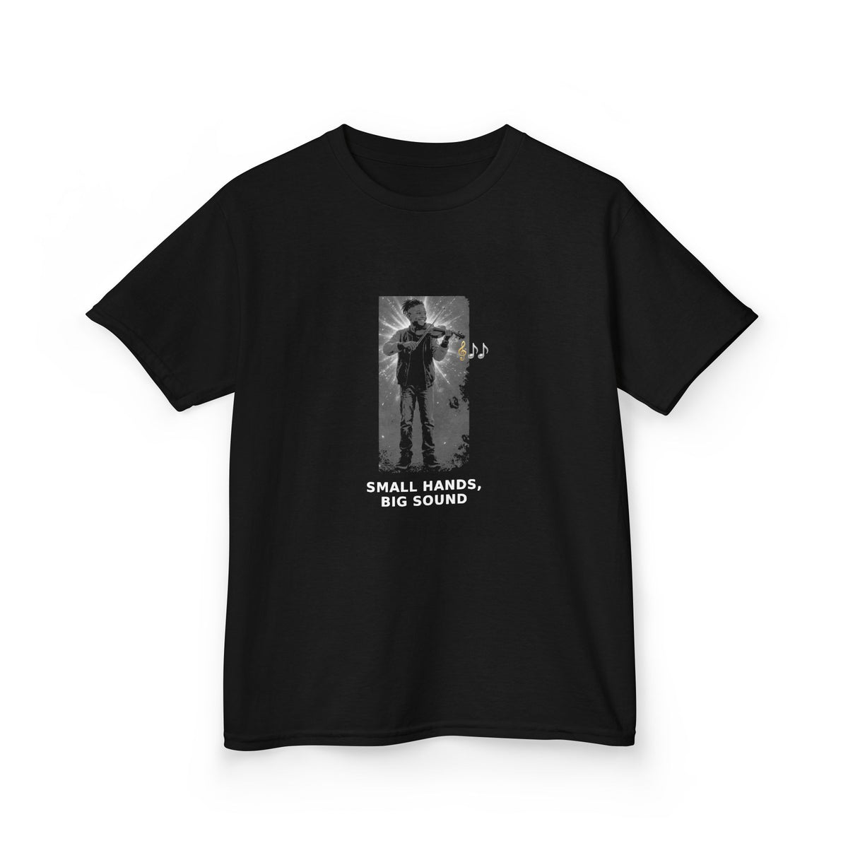 Small Hands, Big Sound — Black Boy Violin Pre-Teen Musician Tee (White Ink) (Budget Edition) (Front Print)