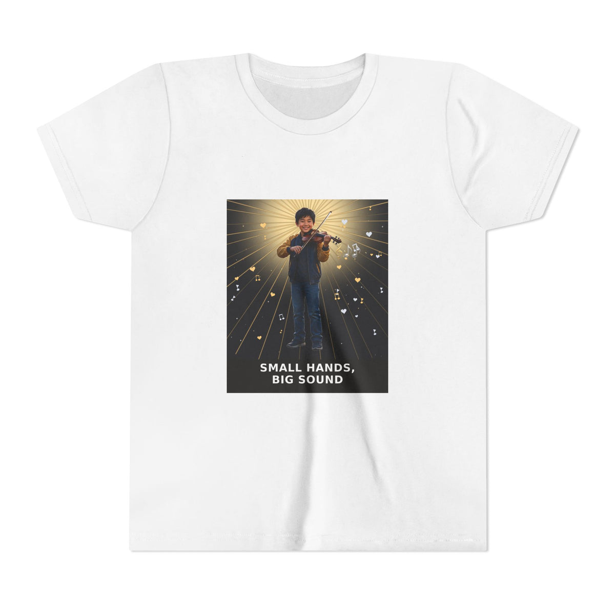 Small Hands, Big Sound — Asian Boy Violin Pre-Teen Musician Tee (Front Print)