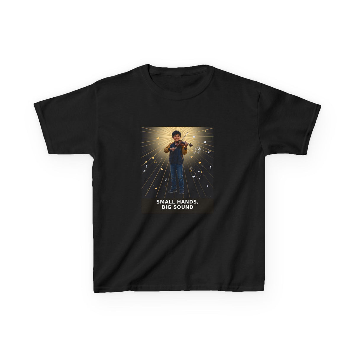 Small Hands, Big Sound — Asian Boy Violin Pre-Teen Musician Tee (Budget Edition) (Front Print)