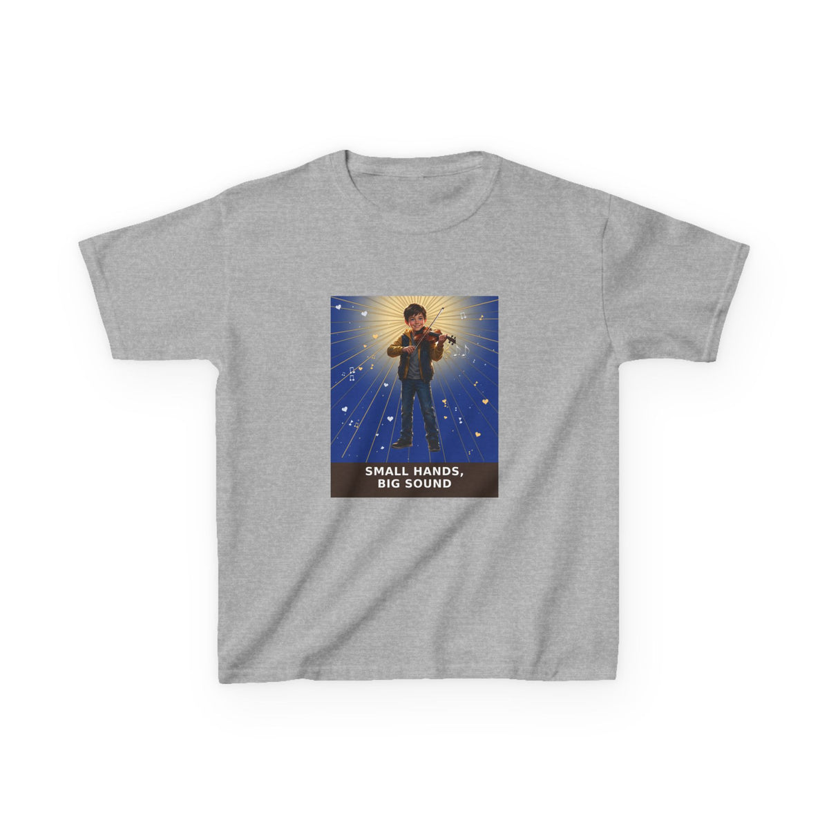 Small Hands, Big Sound — Boy Violin Pre-Teen Musician Tee (Deep Blue) (Budget Edition) (Front Print)