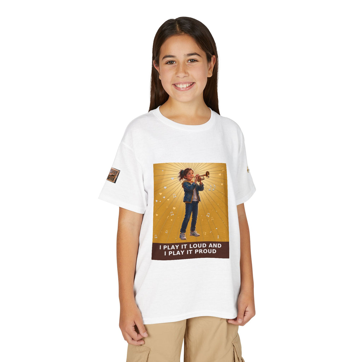 I Play It Loud and I Play It Proud — Girl Trumpet Pre-Teen Musician Tee (Golden Amber)