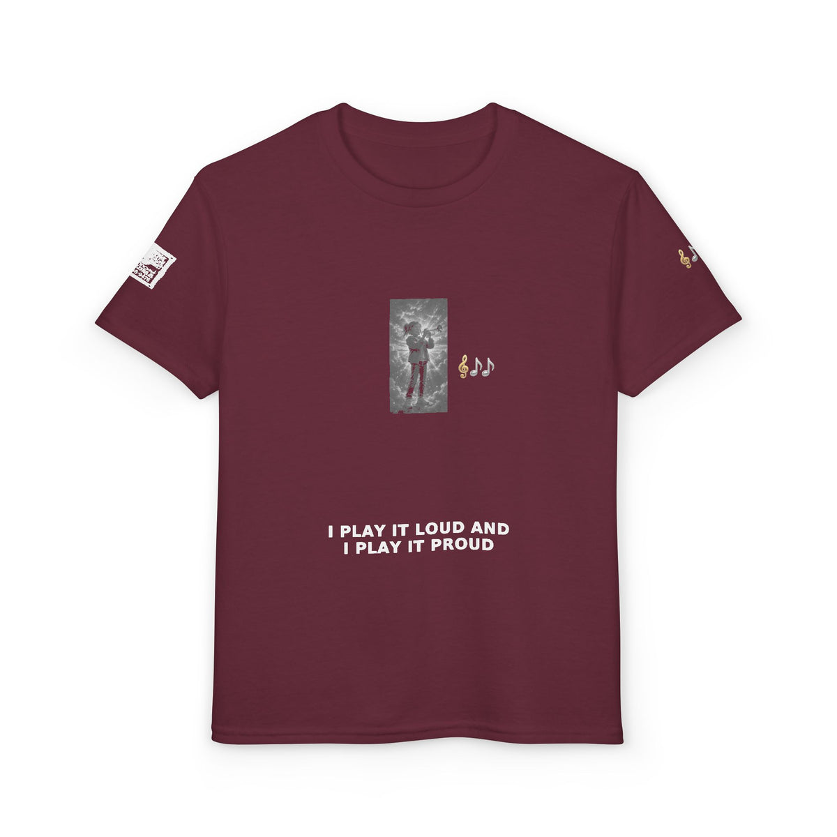 I Play It Loud and I Play It Proud — Girl Trumpet Pre-Teen Musician Tee (White Ink) (Budget Edition)