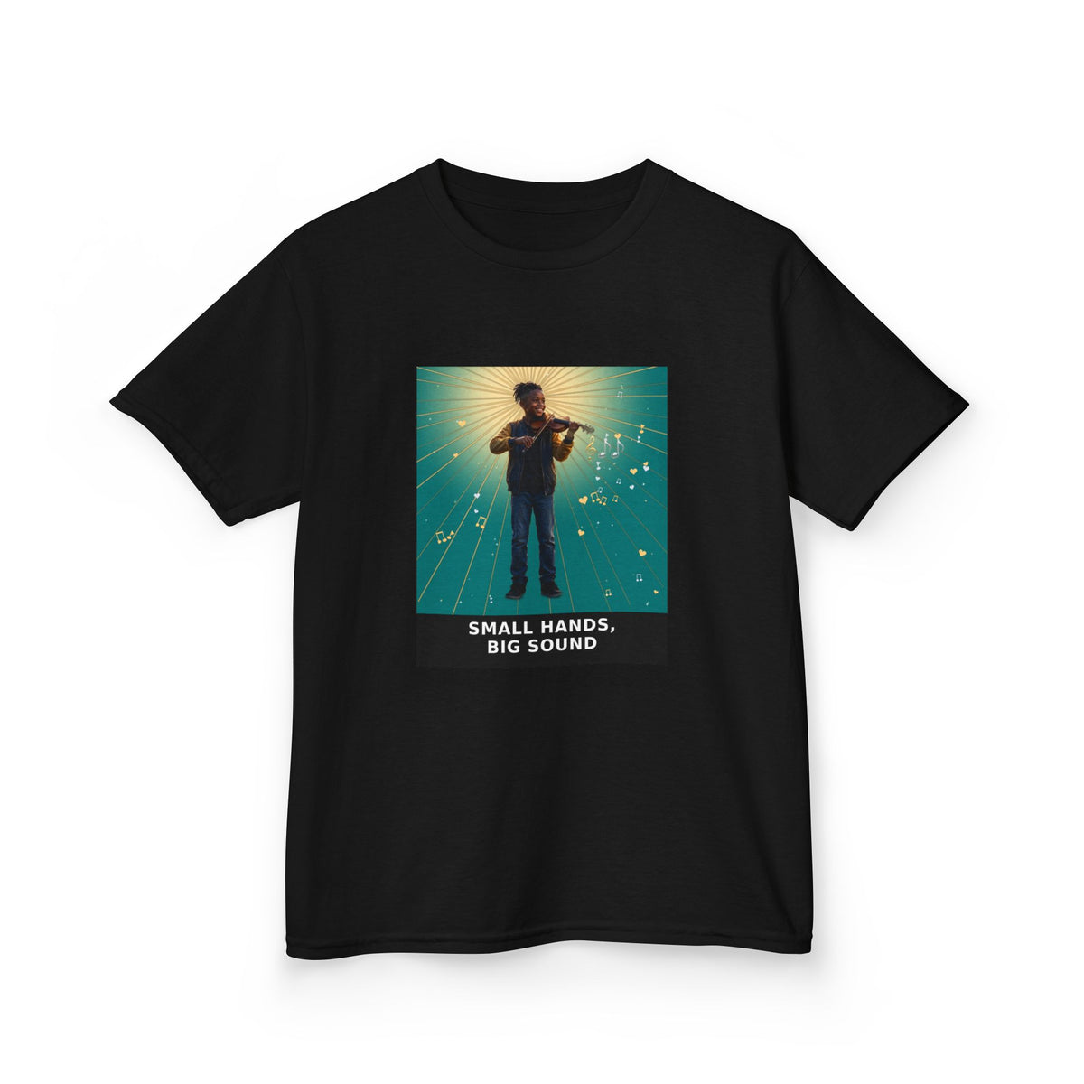 Small Hands, Big Sound — Black Boy Violin Pre-Teen Musician Tee (Teal) (Budget Edition) (Front Print)