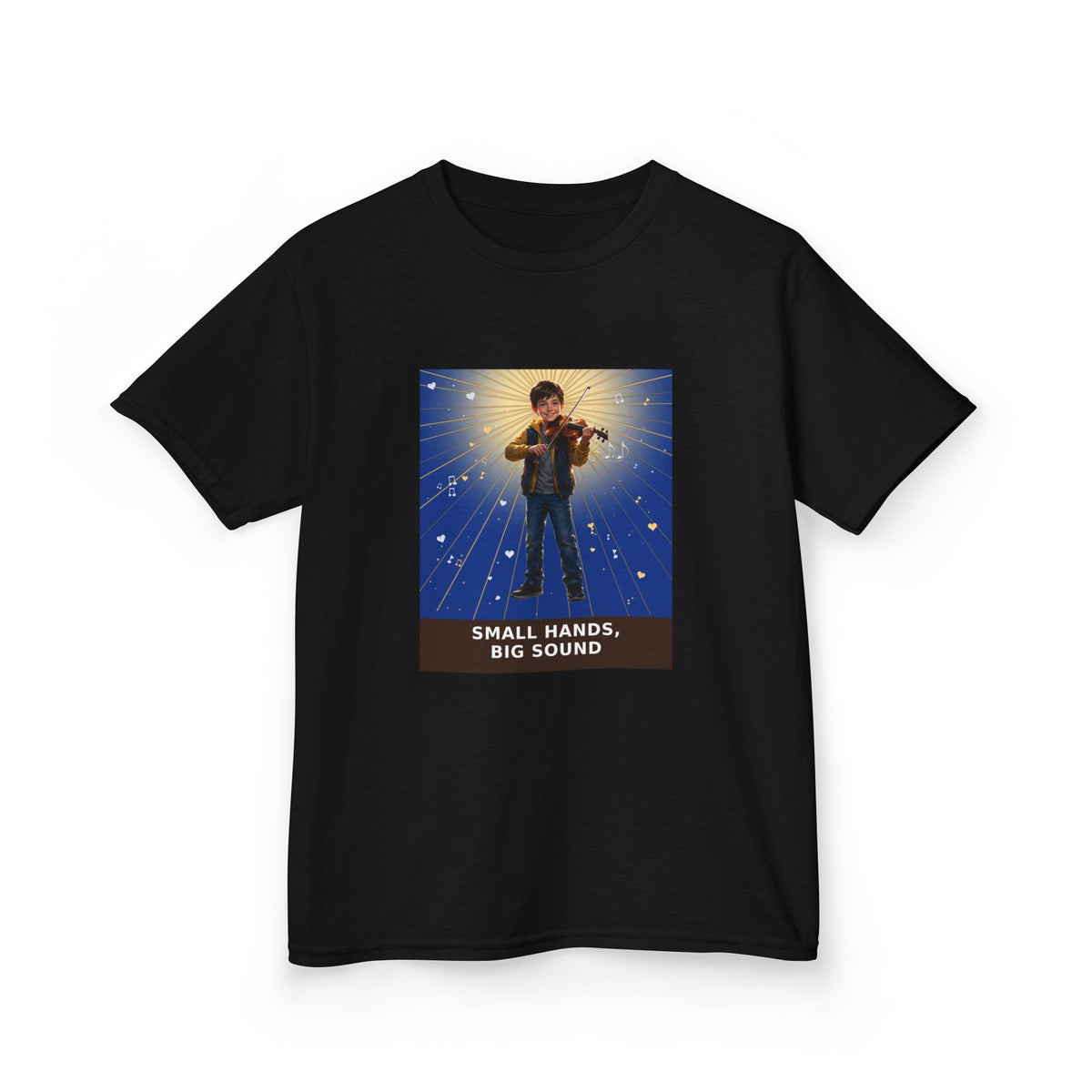 Small Hands, Big Sound — Boy Violin Pre-Teen Musician Tee (Deep Blue) (Budget Edition) (Front Print)