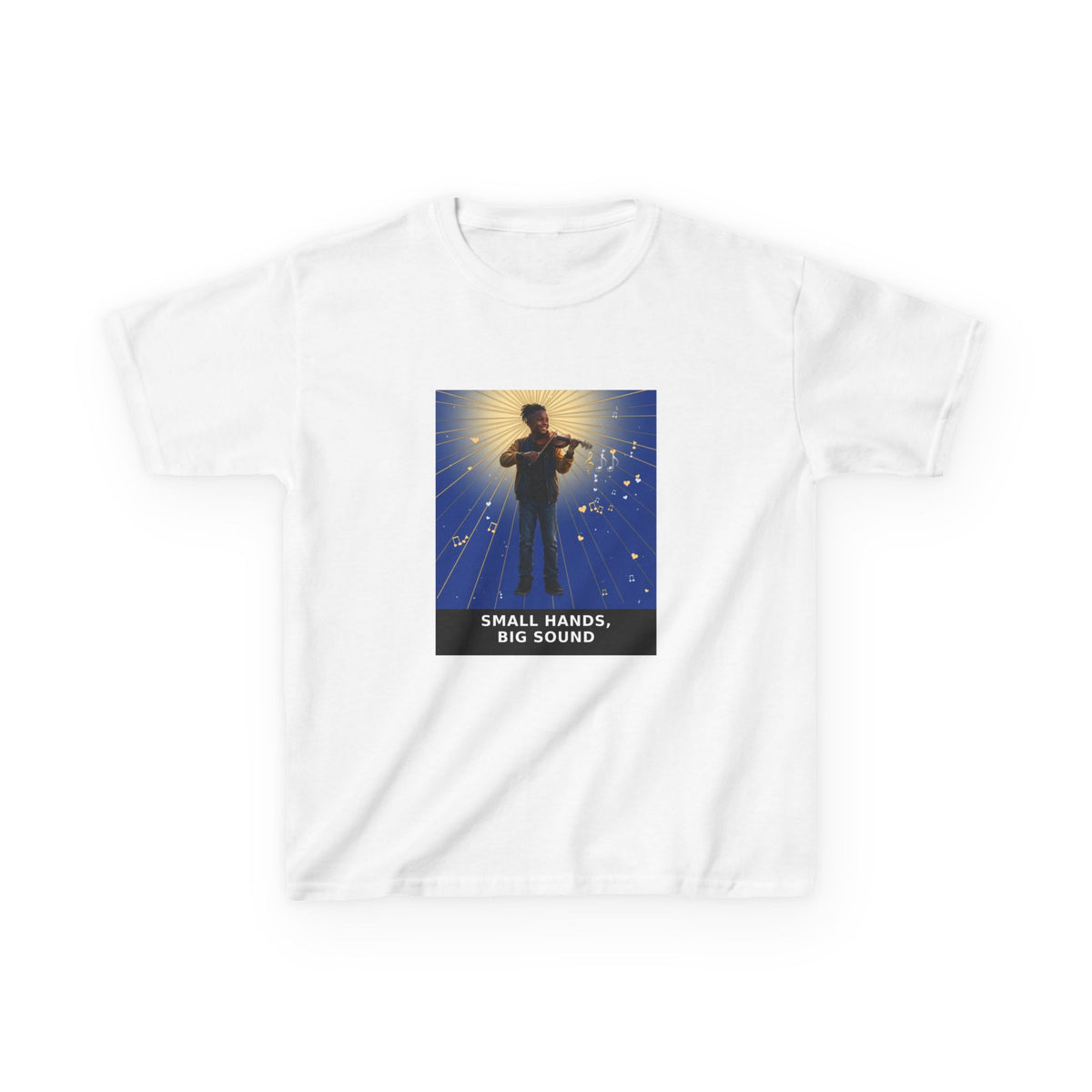 Small Hands, Big Sound — Black Boy Violin Pre-Teen Musician Tee (Deep Blue) (Budget Edition) (Front Print)