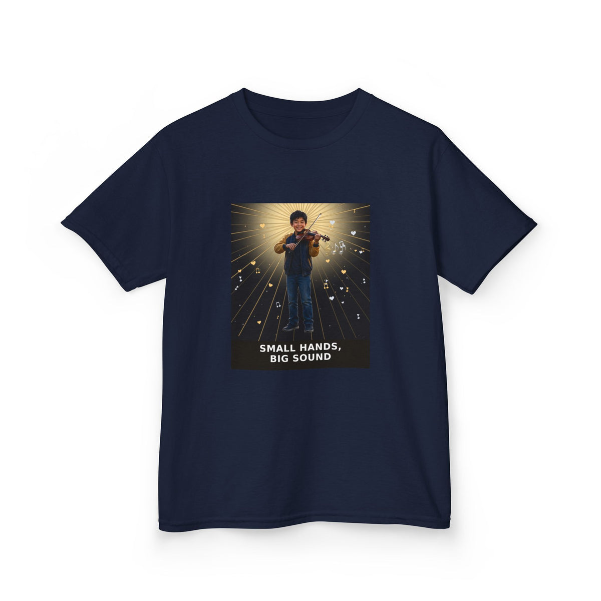 Small Hands, Big Sound — Asian Boy Violin Pre-Teen Musician Tee (Budget Edition) (Front Print)