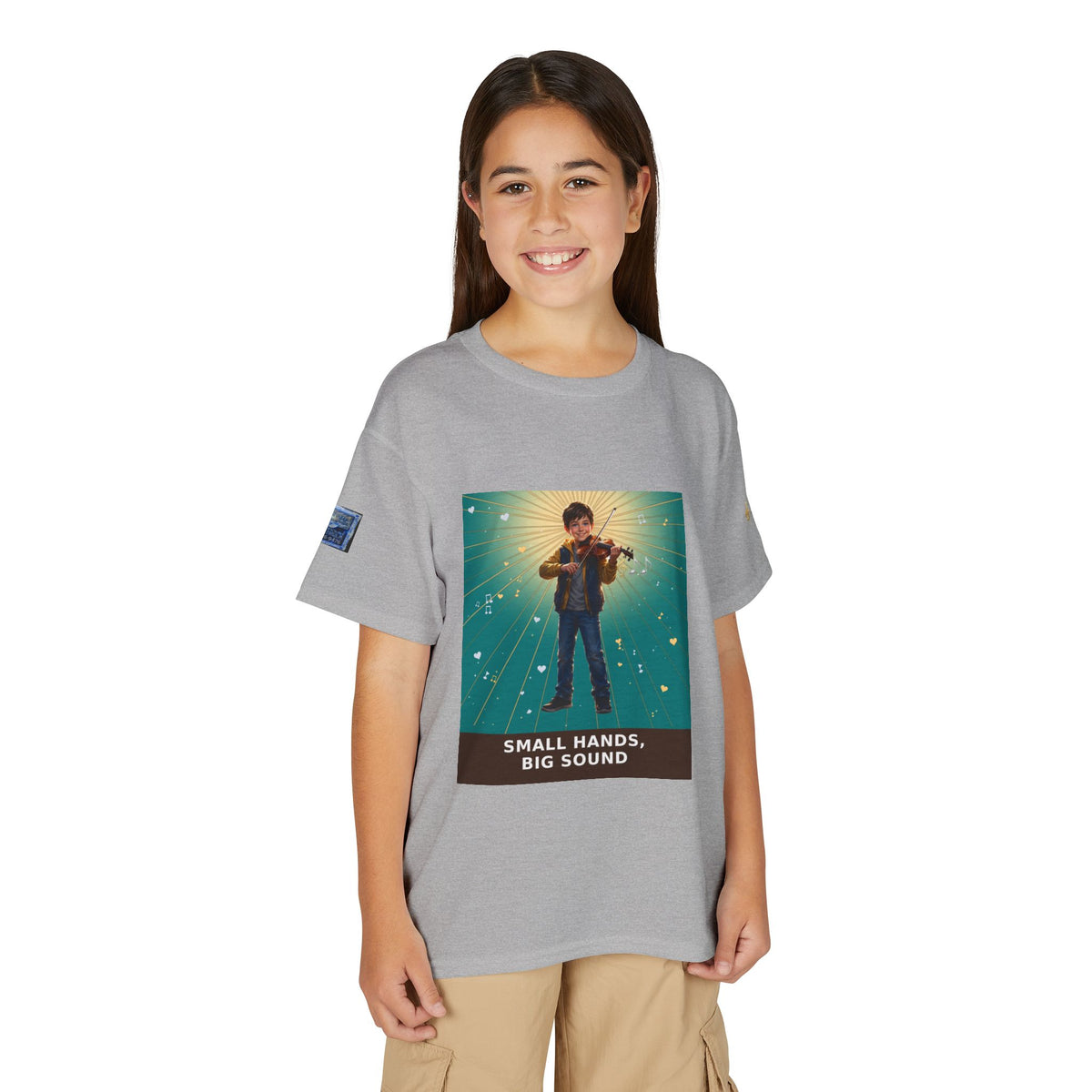 Small Hands, Big Sound — Boy Violin Pre-Teen Musician Tee (Teal)