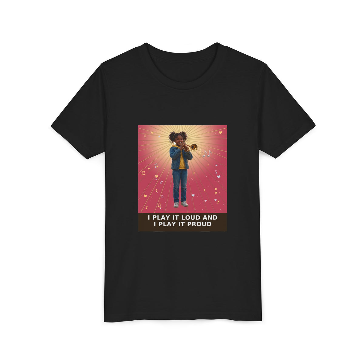 I Play It Loud and I Play It Proud — Black Girl Trumpet Pre-Teen Musician Tee (Rose) (Front Print)