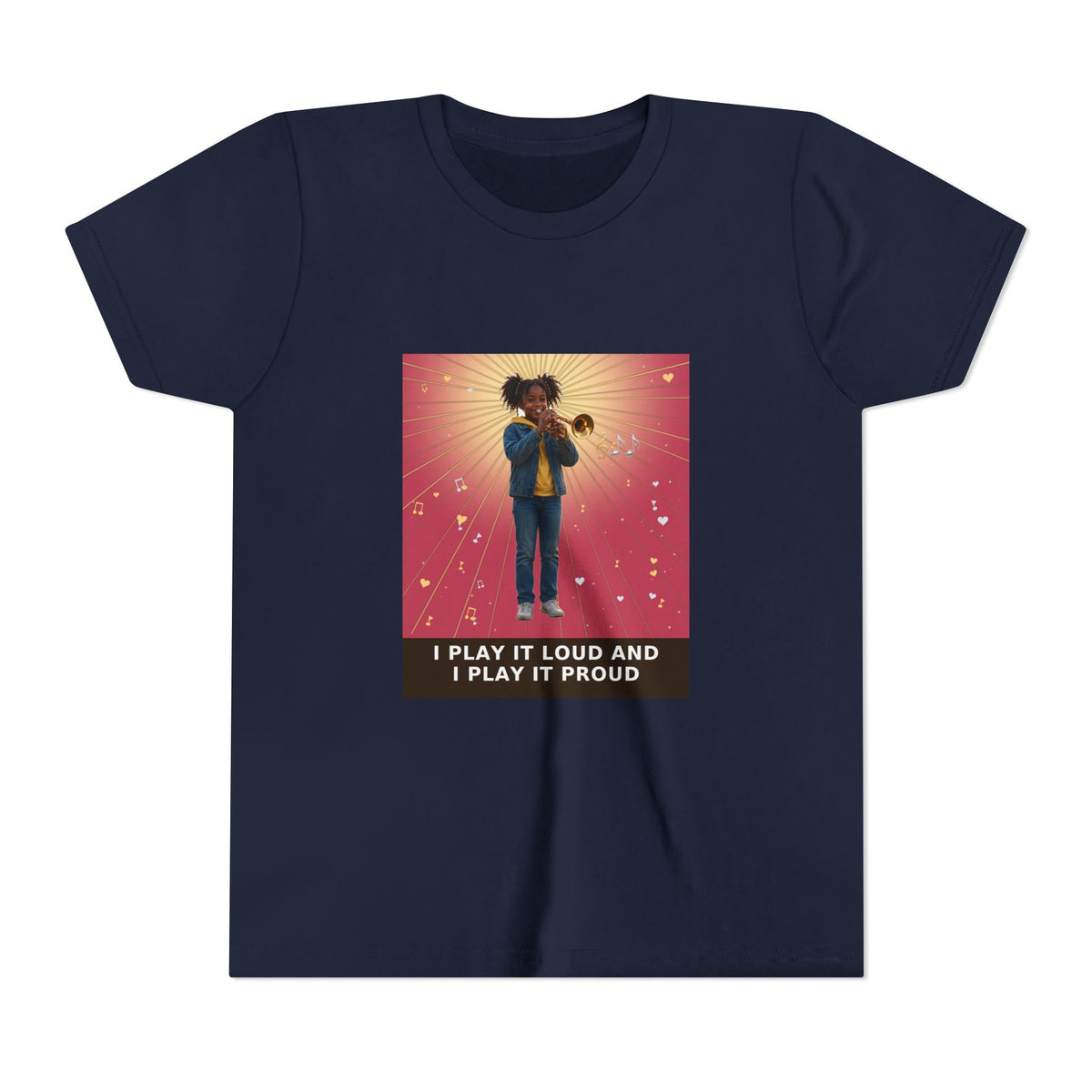 I Play It Loud and I Play It Proud — Black Girl Trumpet Pre-Teen Musician Tee (Rose) (Front Print)