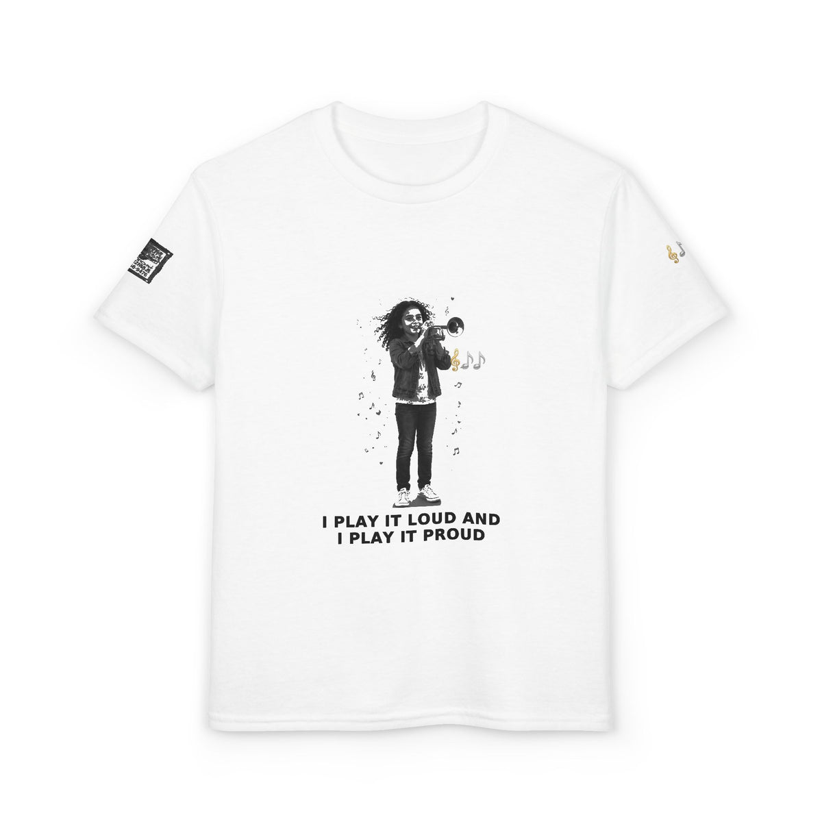 I Play It Loud and I Play It Proud — Latina Girl Trumpet Pre-Teen Musician Tee (Black Ink) (Budget Edition)