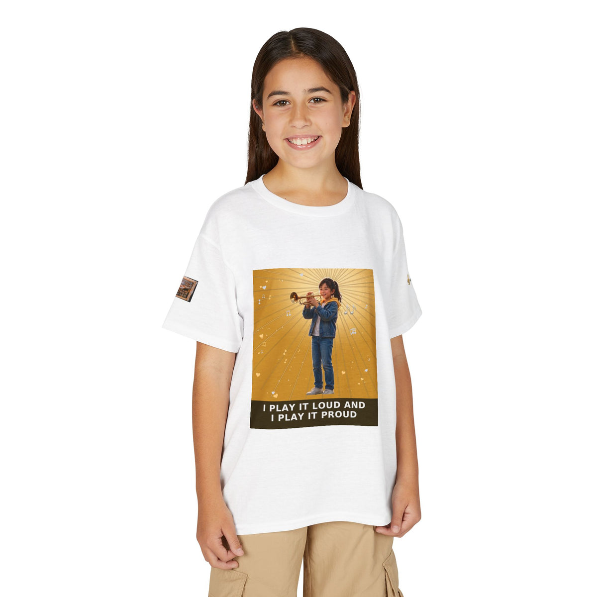 I Play It Loud and I Play It Proud — Asian Girl Trumpet Pre-Teen Musician Tee (Golden Amber)