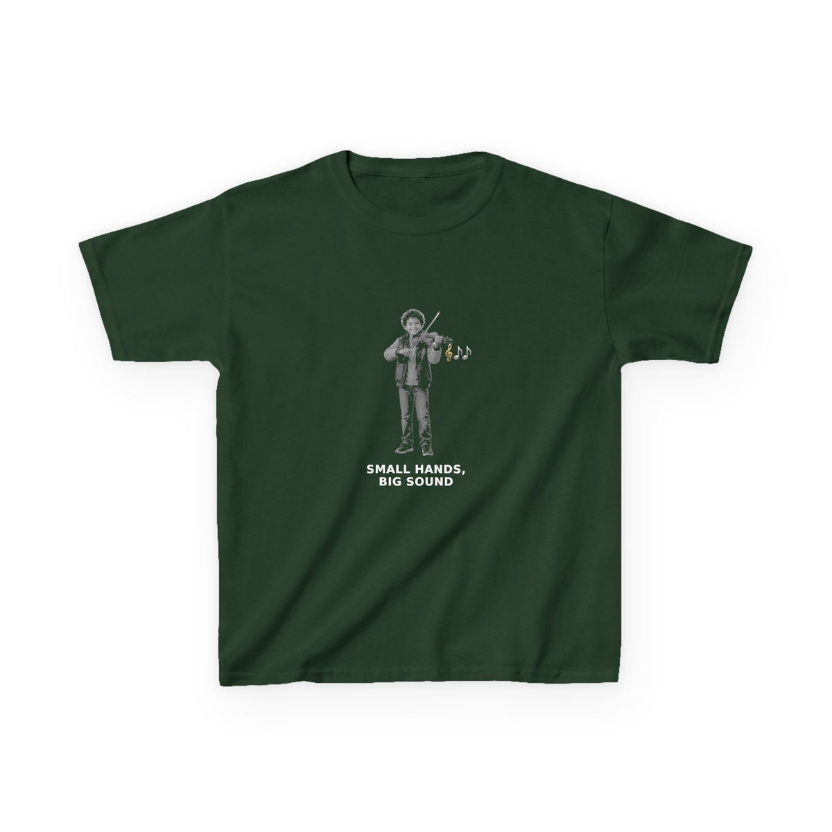 Small Hands, Big Sound — Latino Boy Violin Pre-Teen Musician Tee (White Ink) (Budget Edition) (Front Print)
