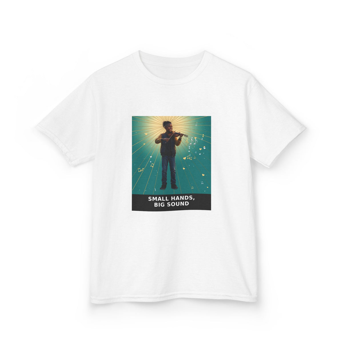 Small Hands, Big Sound — Black Boy Violin Pre-Teen Musician Tee (Teal) (Budget Edition) (Front Print)