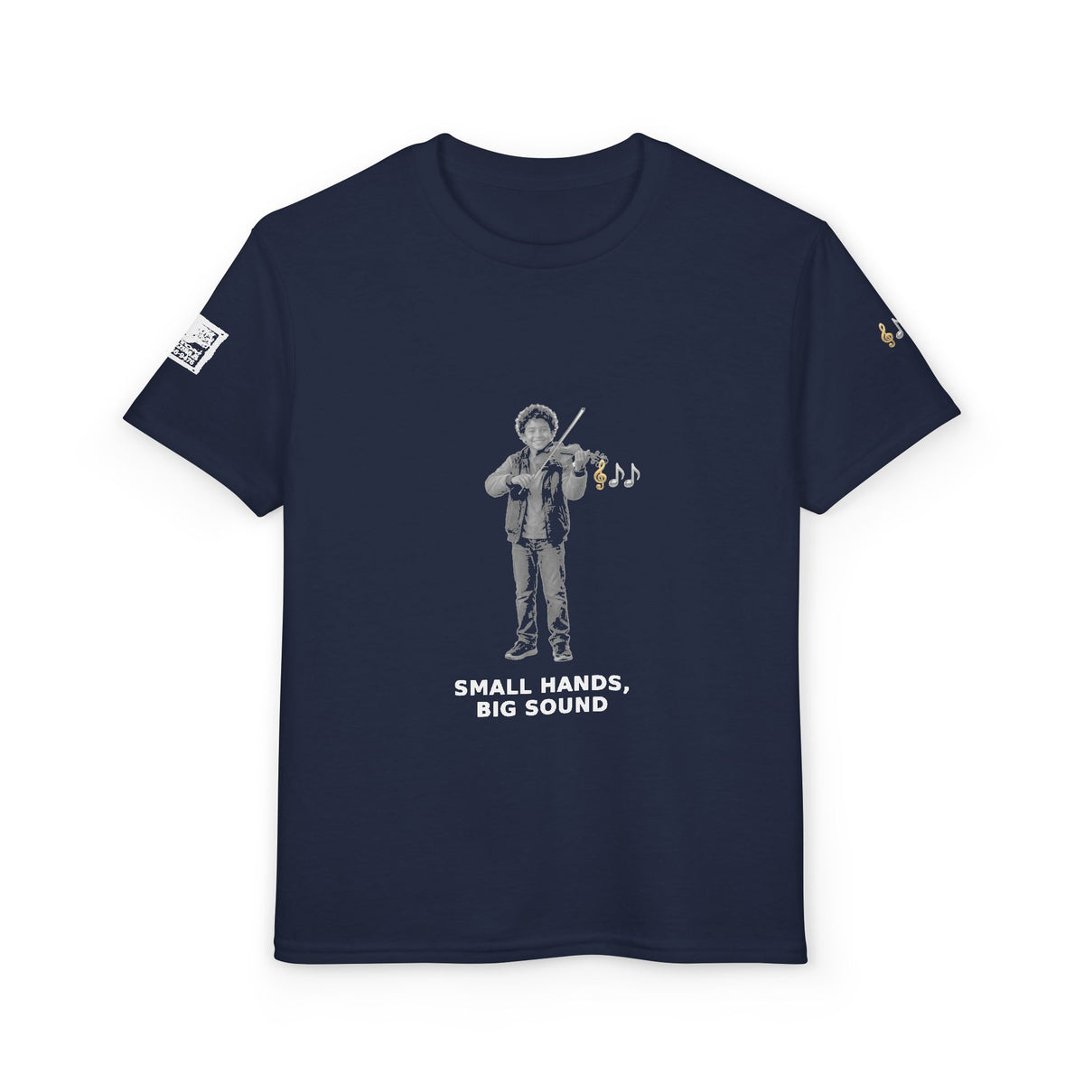 Small Hands, Big Sound — Latino Boy Violin Pre-Teen Musician Tee (White Ink)
