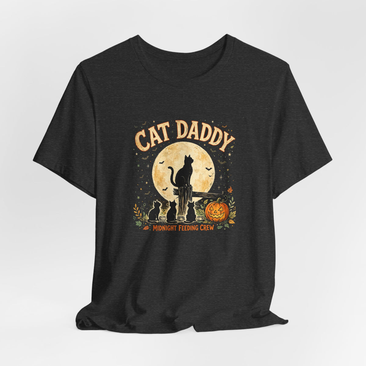 Cat Daddy Halloween T-Shirt - Midnight Feeding Crew Black Cat Full Moon Vintage Tee, Funny Feral Cat Lover Gift