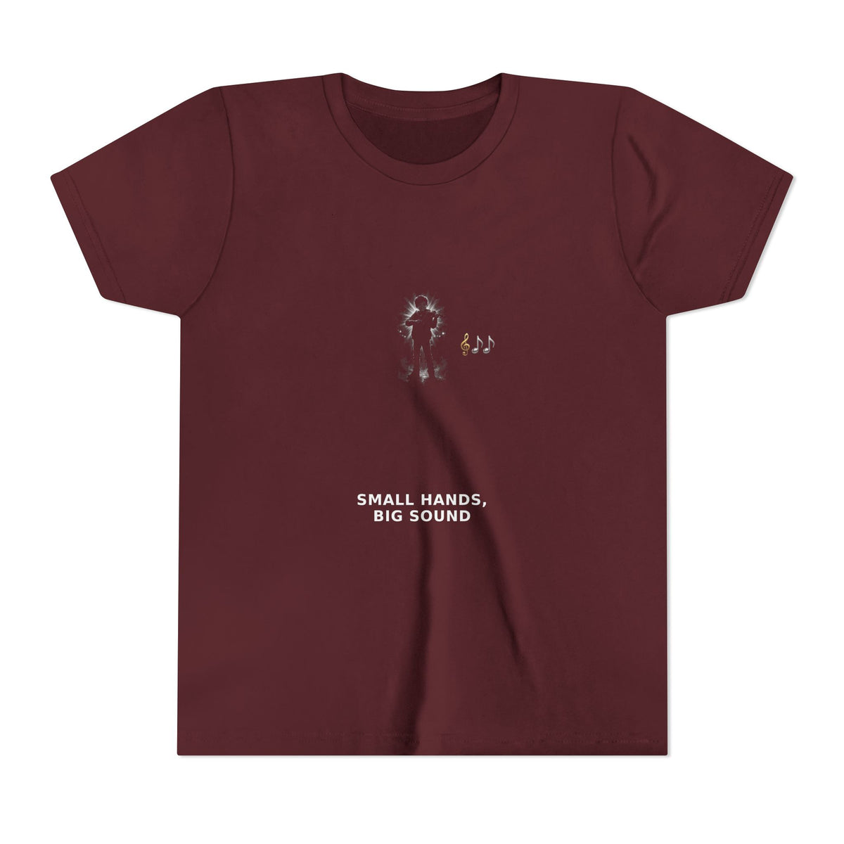 Small Hands, Big Sound — Boy Violin Pre-Teen Musician Tee (White Ink) (Front Print)