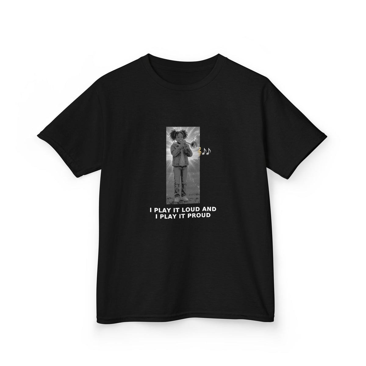 I Play It Loud and I Play It Proud — Black Girl Trumpet Pre-Teen Musician Tee (White Ink) (Budget Edition) (Front Print)