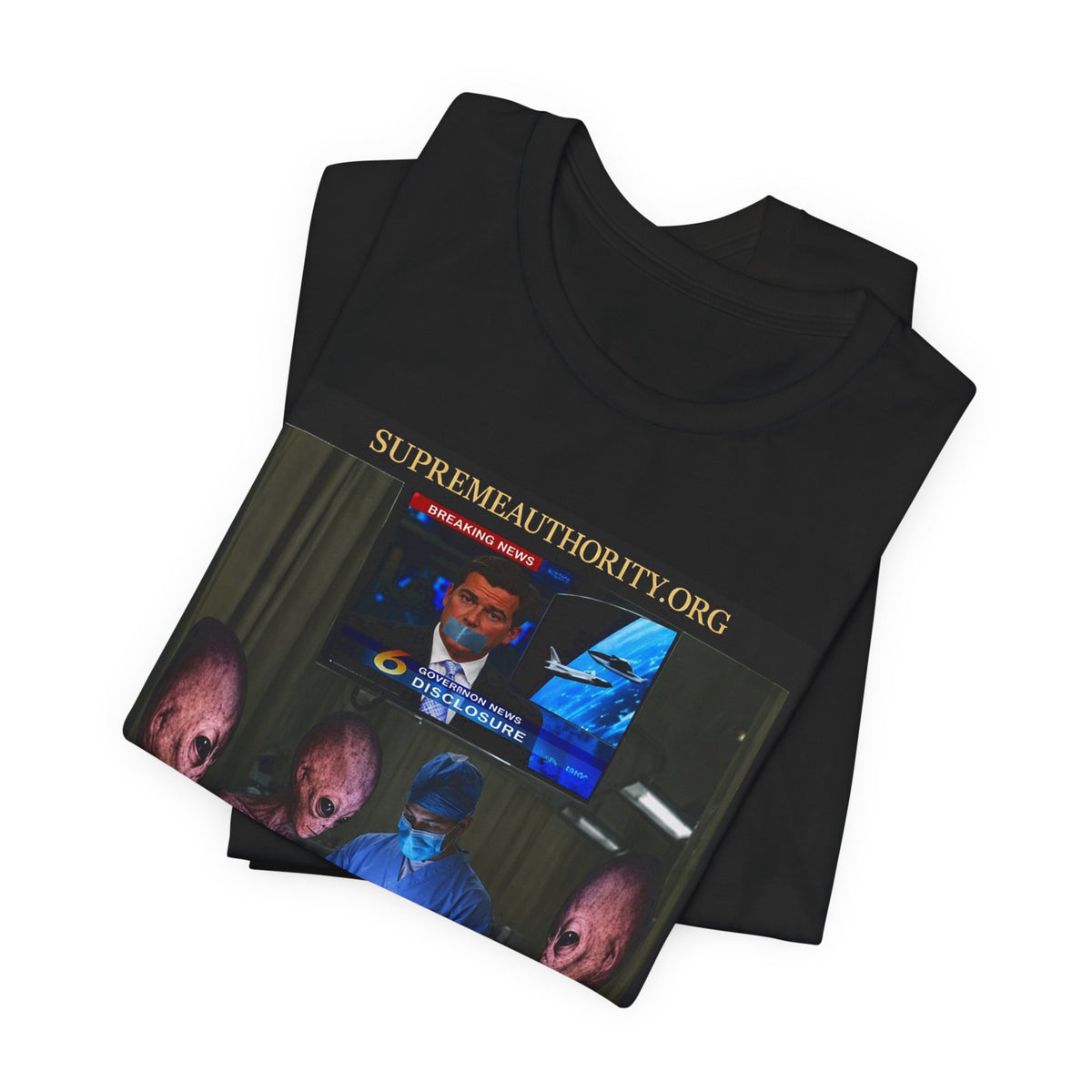 Alien Disclosure T-Shirt - UFO News Cover-Up, Funny Alien Surgery Art, Badge Sleeve