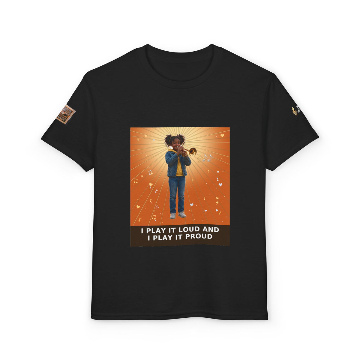 I Play It Loud and I Play It Proud — Black Girl Trumpet Pre-Teen Musician Tee (Sunset Orange) (Budget Edition)