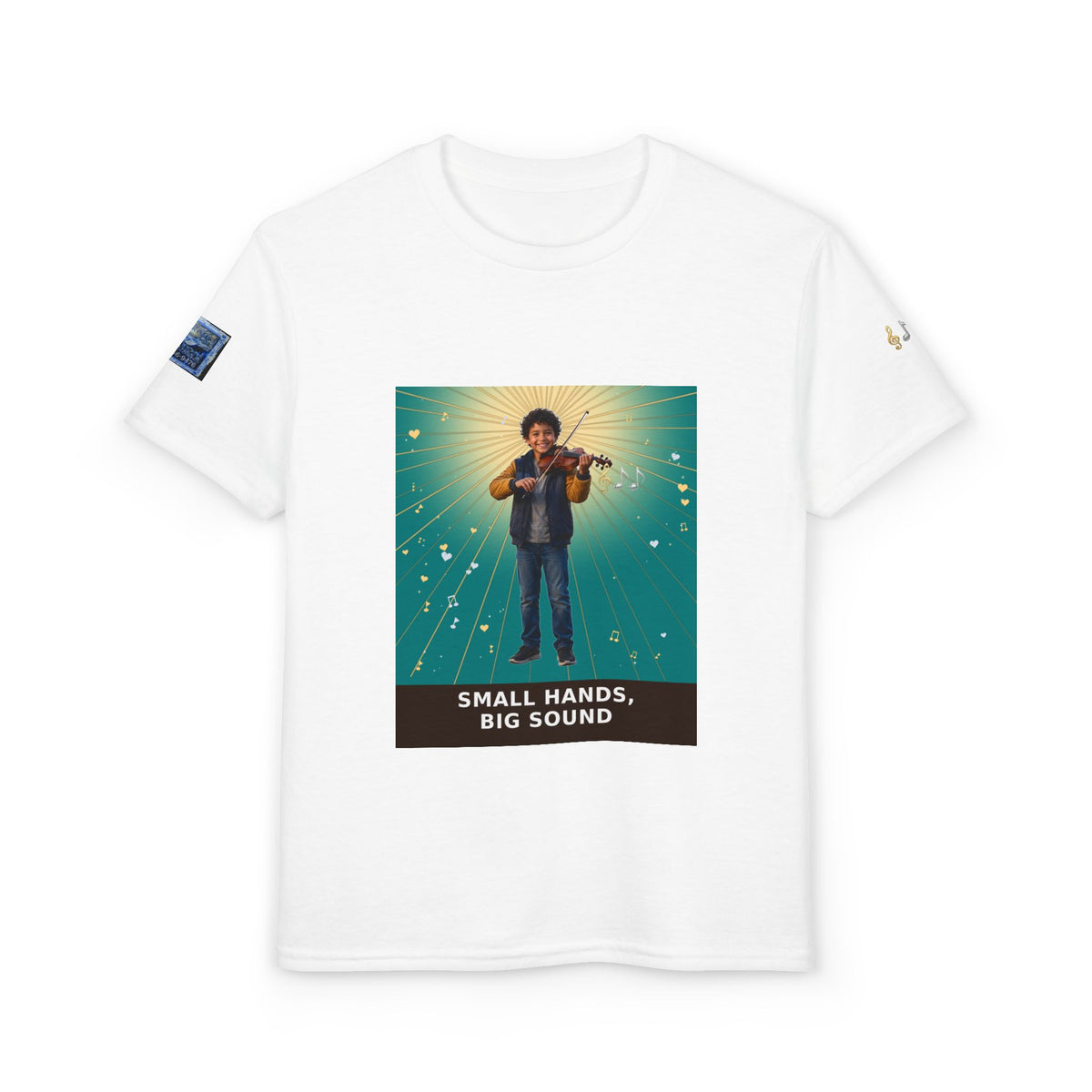 Small Hands, Big Sound — Latino Boy Violin Pre-Teen Musician Tee (Teal)