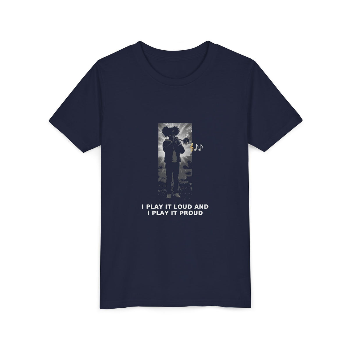 I Play It Loud and I Play It Proud — Black Girl Trumpet Pre-Teen Musician Tee (White Ink) (Front Print)