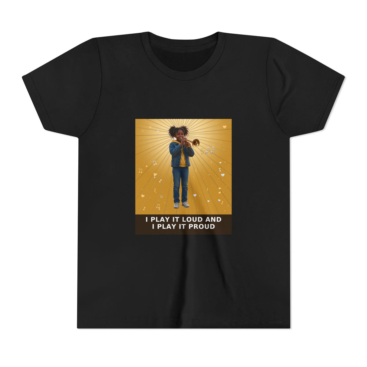 I Play It Loud and I Play It Proud — Black Girl Trumpet Pre-Teen Musician Tee (Golden Amber) (Front Print)